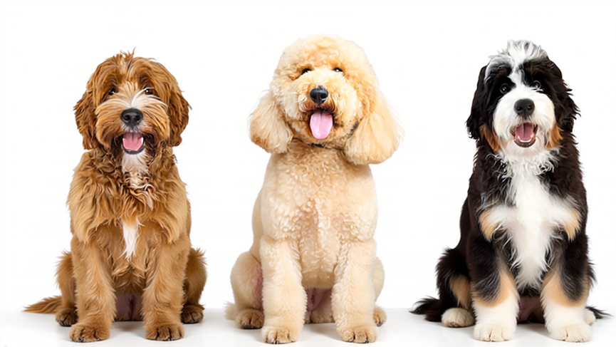 Three happy dogs with soft, freshly brushed coats sitting side by side