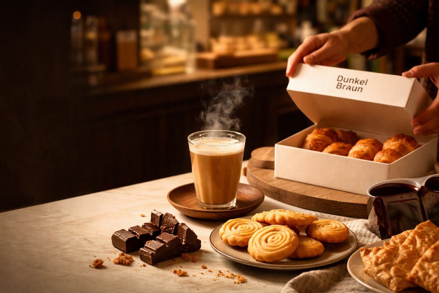 Fresh croissants in a Dunkel Braun box beside a warm cup of chai in a softly lit bakery
