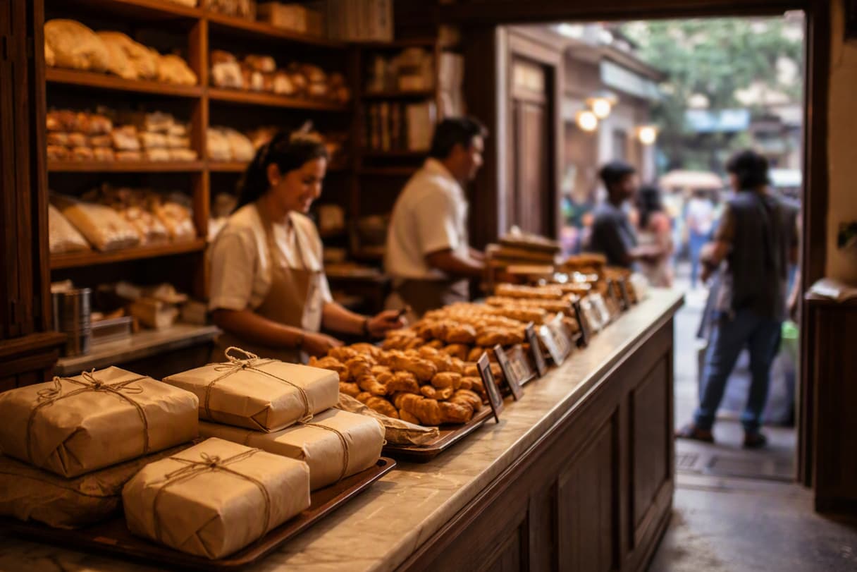 A warmly lit Kolkata bakery counter with paper-wrapped parcels and fresh bakes