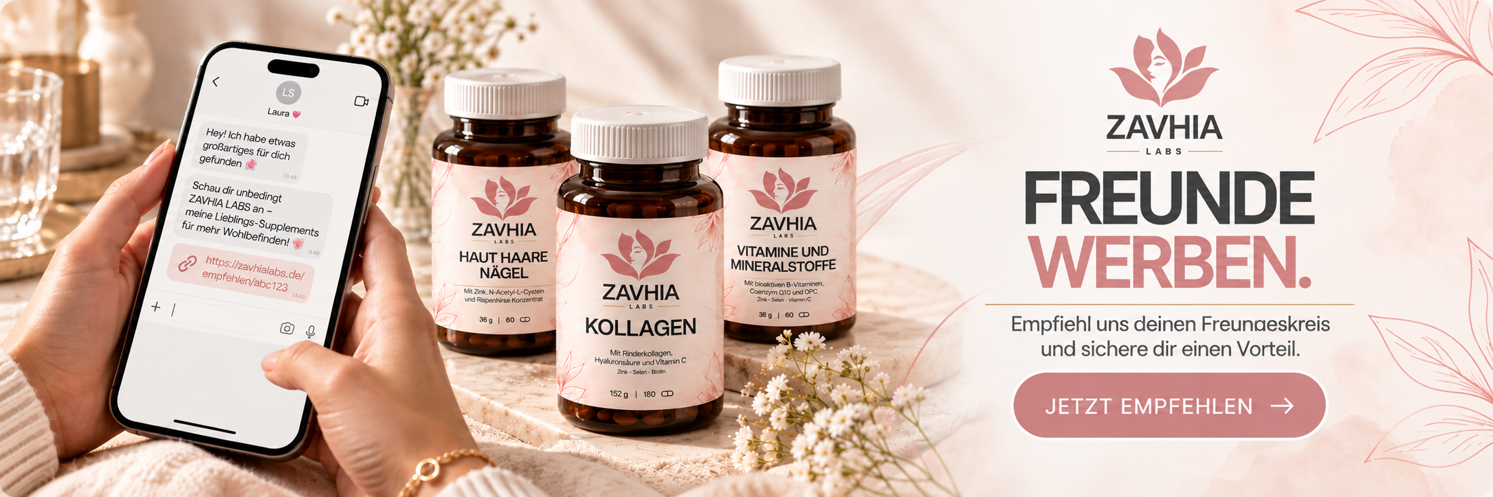 Hände mit Smartphone, das eine Empfehlungsnachricht zeigt, neben ZAVHIA Kollagen, Haut Haare Nägel und Vitamine und Mineralstoffe