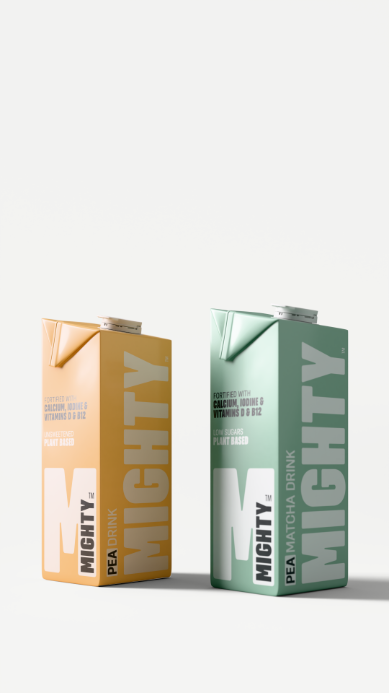MIGHTY Pea Drink and Pea Matcha Drink cartons side by side