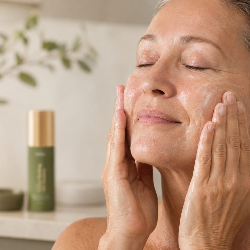 Woman cleansing her face